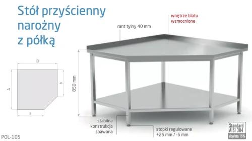 Przejdź do produktu Stół przyścienny narożny z półką POL-105, A=900 / a=600 x B=1000 / b=700 h=850