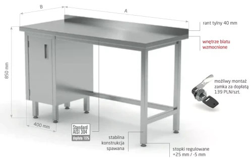 Przejdź do produktu Stół przyścienny szafka z drzwiami na zawiasach - szafka po lewej stronie POL-124-L, 900x600x(H)850mm