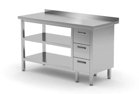 Stół przyścienny szafka z trzema szufladami i dwiema półkami  ze stali nierdzewnej  POL-125-3-P:2.webp