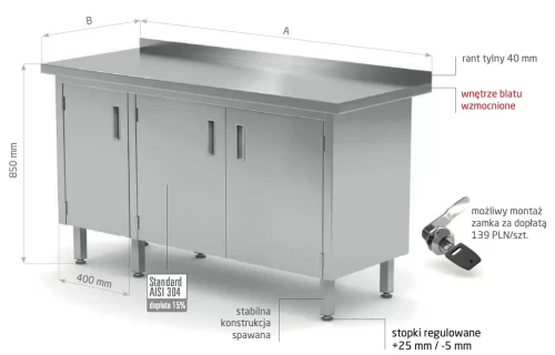 Przejdź do produktu Stół przyścienny szafka z drzwiami na zawiasach POL-128-3, 1500x600x(H)850mm