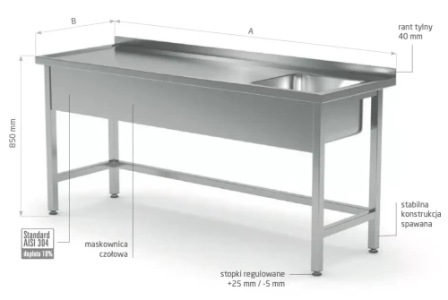 Przejdź do produktu Stół ze zlewem wzmocniony bez półki - komora po prawej stronie POL-210-P, 800x600x(H)850mm