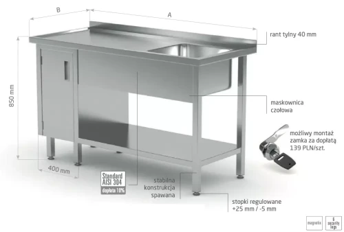 Przejdź do produktu Stół ze zlewem, półką i szafką z drzwiami na zawiasach - komora po prawej stronie POL-216-P, 1100x600x(H)850mm