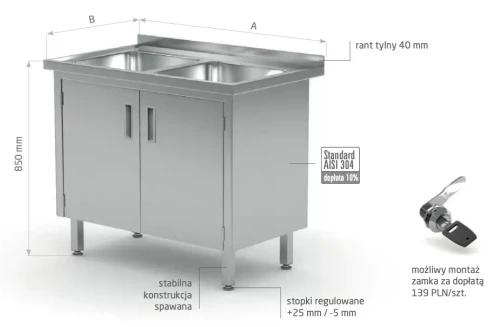 Przejdź do produktu Stół z dwoma zlewami, szafka z drzwiami na zawiasach POL-228, 1000x700x(H)850mm