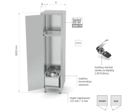 Przejdź do produktu Szafa porządkowa z umywalką i drzwiami na zawiasach POL-318, 505x500x(H)1800mm
