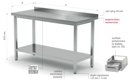 Przejdź do produktu Stół przyścienny z półką POL-103, 400x600x(H)850mm