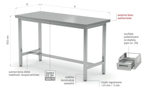 Przejdź do produktu Stół centralny wzmocniony bez półki POL-111, 1000x800x(H)850mm