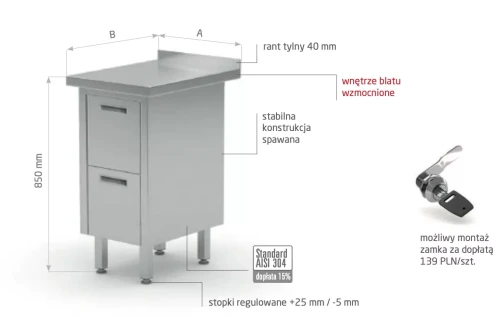 Przejdź do produktu Stół przyścienny z dwiema szufladami POL-121, 430x600x(H)850mm