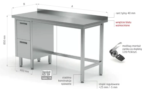 Przejdź do produktu Stół przyścienny szafka z dwiema szufladami - szuflady po prawej stronie POL-123-P, 800x600x(H)850mm