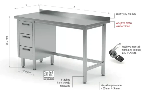 Przejdź do produktu Stół przyścienny szafka z trzema szufladami - szuflady po prawej stronie POL-123-3-P, 1900x700x(H)850mm