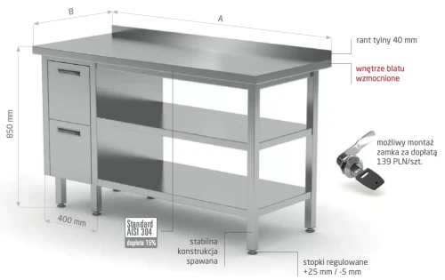 Przejdź do produktu Stół przyścienny szafka z dwiema szufladami i dwiema półkami - szuflady po lewej stronie POL-125-L/2, 900x600x(H)850mm