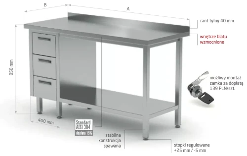 Przejdź do produktu Stół przyścienny szafka z trzema szufladami i półką - szuflady po lewej stronie POL-125-3-L, 1900x700x(H)850mm