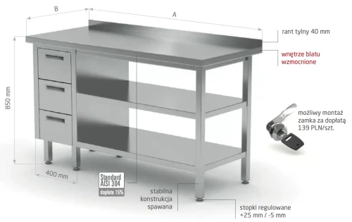 Przejdź do produktu Stół przyścienny szafka z trzema szufladami i dwiema półkami - szuflady po lewej stronie POL-125-3-L/2, 1700x700x(H)850mm