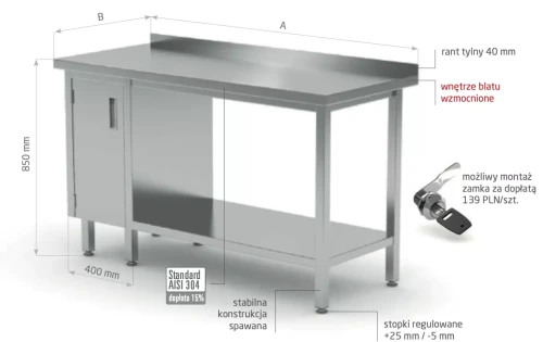 Przejdź do produktu Stół przyścienny szafka z drzwiami na zawiasach i półką - szafka po lewej stronie POL-126-L, 800x700x(H)850mm