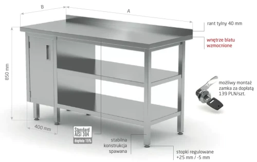 Przejdź do produktu Stół przyścienny szafka z drzwiami na zawiasach i dwiema półkami - szafka po prawej stronie POL-126-P/2, 1900x700x(H)850mm
