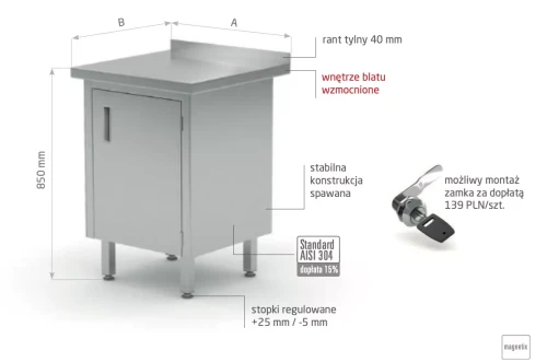 Przejdź do produktu Stół przyścienny szafka z drzwiami na zawiasach POL-128-1, 500x700x(H)850mm