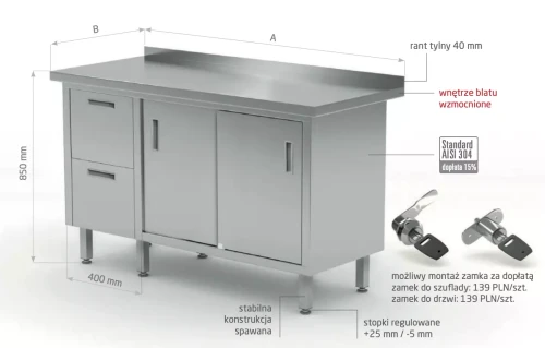 Przejdź do produktu Stół przyścienny szafka z dwiema szufladami i drzwiami suwanymi - szuflady po prawej stronie POL-130-P, 1900x700x(H)850mm