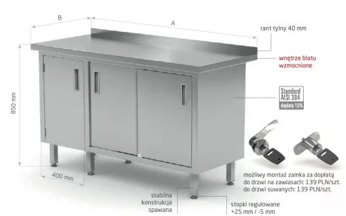 Przejdź do produktu Stół przyścienny z szafką i drzwiami suwanymi - drzwi na zawiasach po lewej stronie POL-134-L, 1900x700x(H)850mm