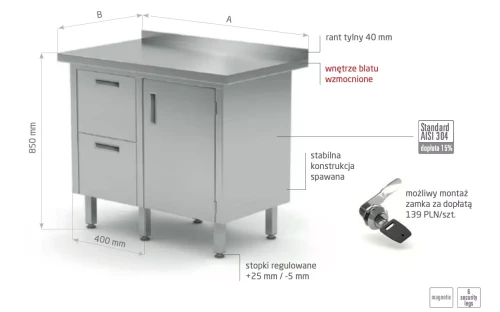 Przejdź do produktu Stół przyścienny szafka z dwiema szufladami i drzwiami na zawiasach - szuflady po lewej stronie POL-135-L, 830x700x(H)850mm