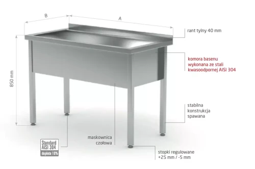 Przejdź do produktu Stół z basenem jednokomorowym - wysokość komory h = 300 mm POL-205/3, 1200x600x(H)850/300mm