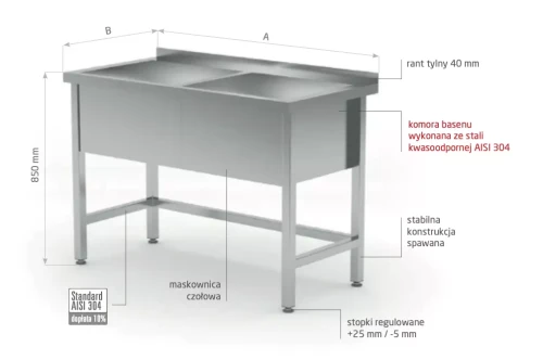 Przejdź do produktu Stół z basenem dwukomorowym - wysokość komory h = 400 mm POL-206/4, 1200x700x(H)850/400mm