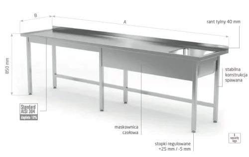 Przejdź do produktu Stół ze zlewem bez półki - komora po prawej stronie POL-211-6-P, 2300x600x(H)850mm