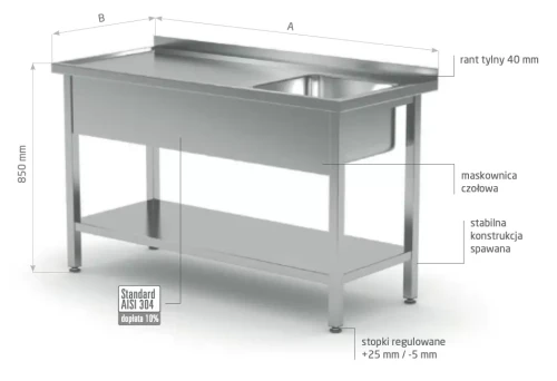 Przejdź do produktu Stół ze zlewem i półką - komora po prawej stronie POL-212-P, 800x600x(H)850mm
