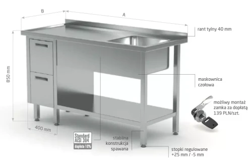 Przejdź do produktu Stół ze zlewem, półką i szafką z dwiema szufladami - komora po prawej stronie POL-215-P, 1700x700x(H)850mm