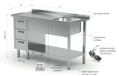 Przejdź do produktu Stół ze zlewem, półką i szafką z trzema szufladami - komora po prawej stronie POL-215-3-P, 1900x700x(H)850mm