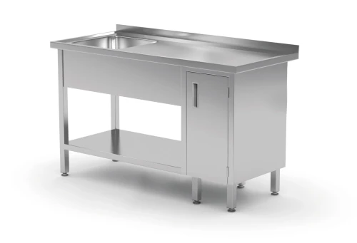 Przejdź do produktu Stół ze zlewem, półką i szafką z drzwiami na zawiasach - komora po lewej stronie POL-216-L, 1600x700x(H)850mm