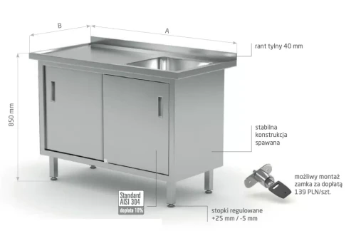 Przejdź do produktu Stół ze zlewem, szafka z drzwiami suwanymi - komora po prawej stronie POL-217-P, 1600x700x(H)850mm