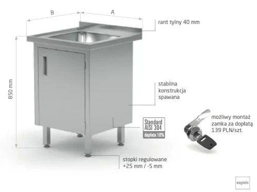 Przejdź do produktu Stół ze zlewem, szafka z drzwiami na zawiasach POL-218-1, 600x600x(H)850mm