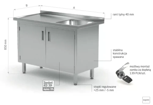 Przejdź do produktu Stół ze zlewem, szafka z drzwiami na zawiasach - komora po prawej stronie POL-218-P, 1500x600x(H)850mm