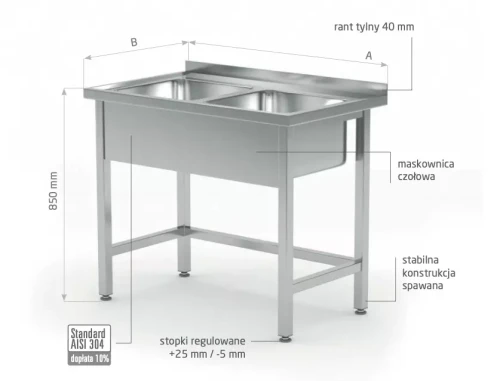Przejdź do produktu Stół z dwoma zlewami wzmocniony bez półki - komory po lewej stronie POL-220-L, 1700x700x(H)850mm