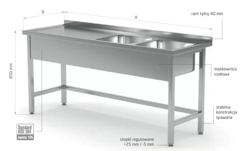 Przejdź do produktu Stół z dwoma zlewami wzmocniony bez półki - komory po prawej stronie POL-220-P, 1400x700x(H)850mm