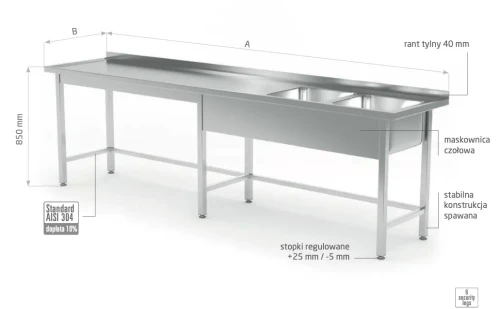 Przejdź do produktu Stół z dwoma zlewami wzmocniony bez półki - komory po lewej stronie POL-220-6-L, 2800x600x(H)850mm
