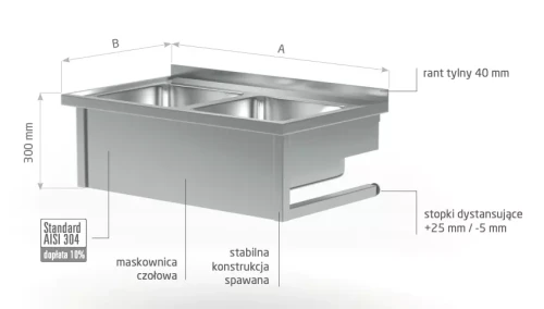 Przejdź do produktu Stół wiszący z dwoma zlewami - komory po lewej stronie POL-221-WI-L, 1500x700x(H)300mm