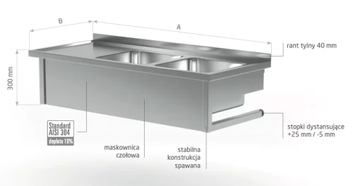 Przejdź do produktu Stół wiszący z dwoma zlewami- komory po prawej stronie POL-221-WI-P, 1400x600x(H)300mm
