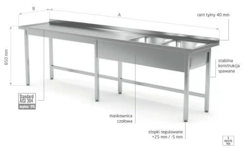 Przejdź do produktu Stół z dwoma zlewami bez półki - komory po prawej stronie POL-221-6-P, 2500x700x(H)850mm