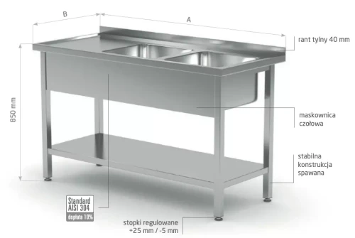 Przejdź do produktu Stół z dwoma zlewami i półką - komory po prawej stronie POL-222-P, 1400x700x(H)850mm