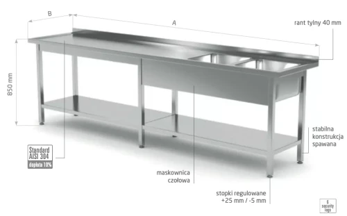 Przejdź do produktu Stół z dwoma zlewami i półką wzmocniony - komory po prawej stronie POL-222-6-P, 2500x700x(H)850mm
