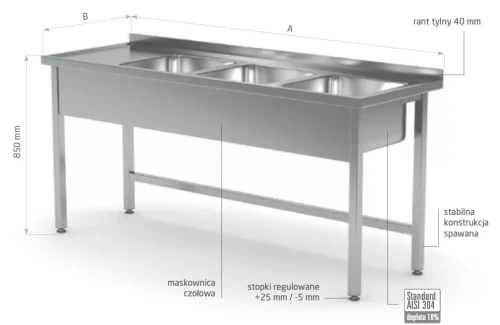 Przejdź do produktu Stół z trzema zlewami bez półki - komory po prawej stronie POL-223-P, 1600x600x(H)850mm