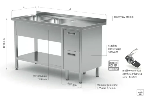 Przejdź do produktu Stół z dwoma zlewami, półką i szafką z dwiema szufladami - komory po lewej stronie POL-225-L, 1900x700x(H)850mm
