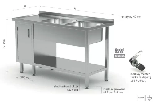 Przejdź do produktu Stół z dwoma zlewami, półką i szafką z drzwiami na zawiasach - komory po prawej stronie POL-226-P, 1400x700x(H)850mm