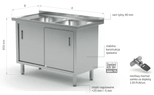 Przejdź do produktu Stół z dwoma zlewami, szafka z drzwiami suwanymi - komory po prawej stronie POL-227-P, 1900x600x(H)850mm