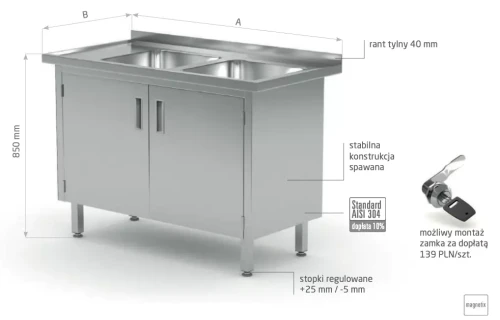 Przejdź do produktu Stół z dwoma zlewami, szafka z drzwiami na zawiasach - komory po prawej stronie POL-228-P, 1500x600x(H)850mm