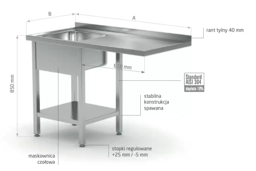 Przejdź do produktu Stół ze zlewem, półką i miejscm na zmywarkę lub lodówkę - komora po lewej stronie POL-231-L, 1200x600x(H)850mm