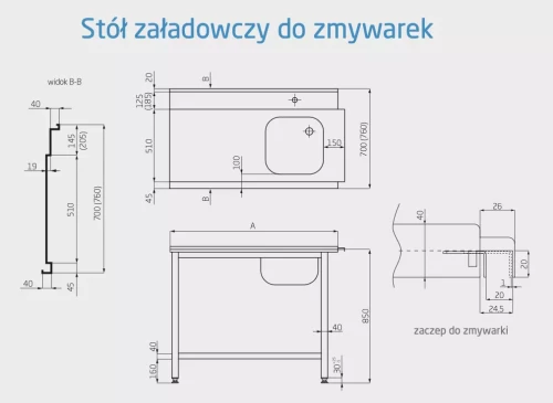 Przejdź do produktu Stół załadowczy do zmywarek ze zlewem i półką - prawy POL-238-P, 1400x700x(H)850mm