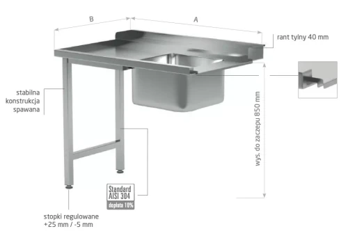 Przejdź do produktu Stół załadowczy do zmywarek ze zlewem na dwóch nogach - prawy POL-240-P, 800x700x(H)850mm