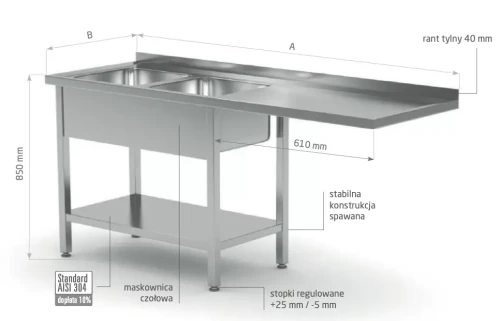 Przejdź do produktu Stół z dwoma zlewami, półką i miejscem na zmywarkę lub lodówkę - komory po lewej stronie POL-241-L, 2400x600x(H)850mm