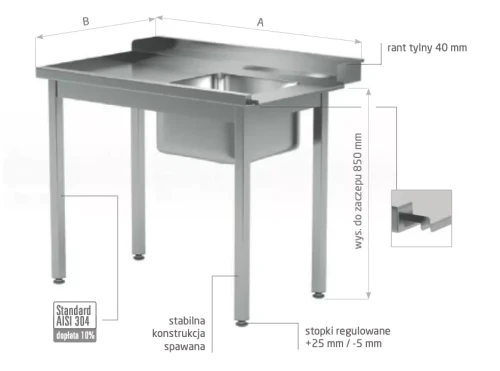Przejdź do produktu Stół załadowczy do zmywarek ze zlewem bez półki - lewy POL-248-L, 900x760x(H)850mm
